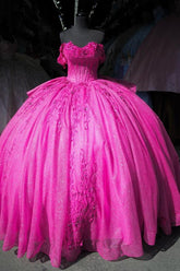Ball Gown Off Shoulder Sleeveless Pleated Beaded Appliques Lace Up Fuchsia Tulle Quinceanera Dress Birthday Party Dress For Sweet 16